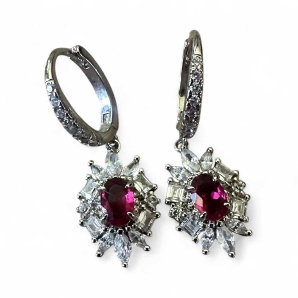 BP Bomb Party Drop Dangle Earrings - Red Stone and CZ - Rhodium Plated